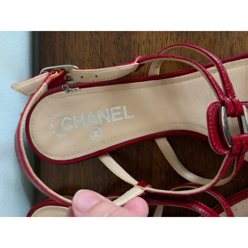 Vtg CHANEL Red Patent Leather Strappy Sling Back Sandals Size 40/US 9-9.5